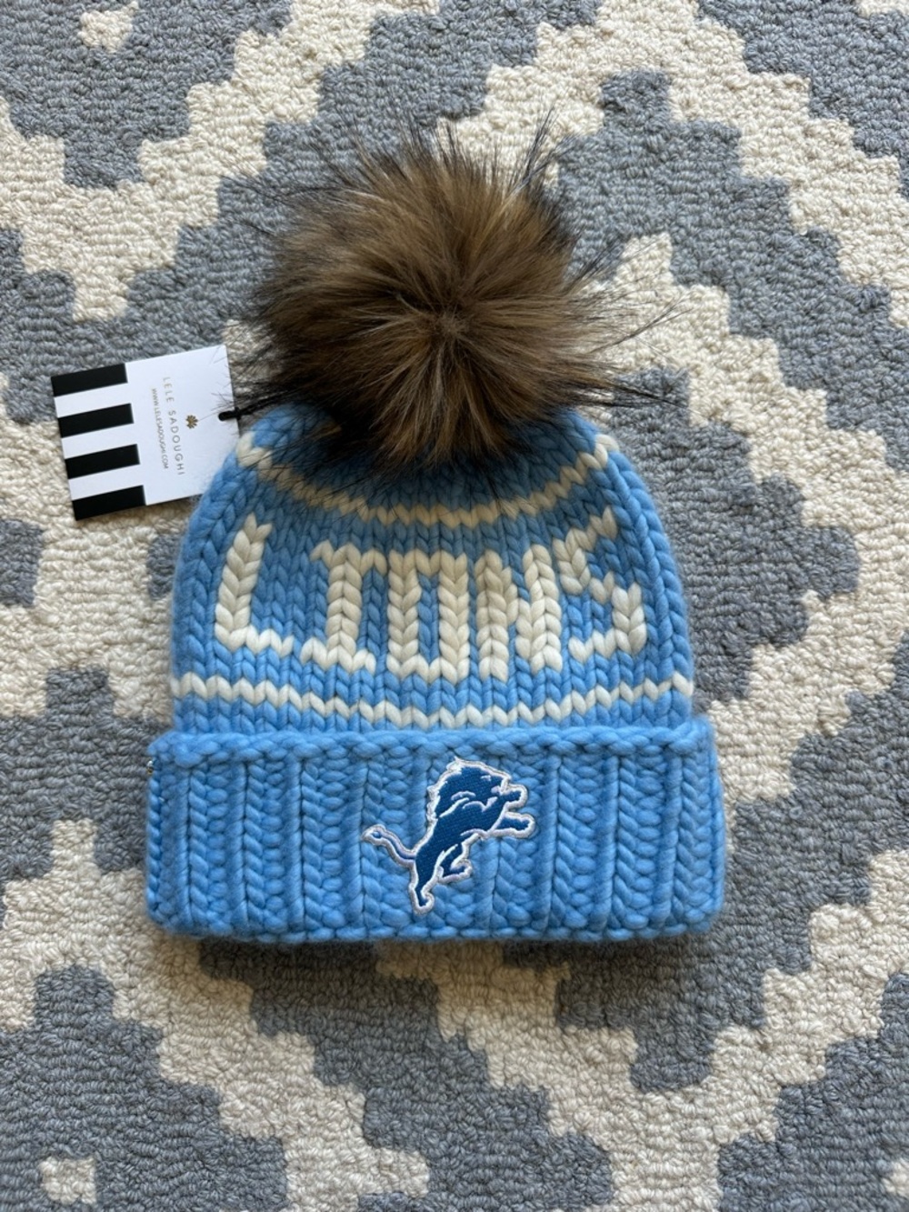 NWT! Lele Sadoughi Detroit Lions 100% Merino Wool Hat with Pom!